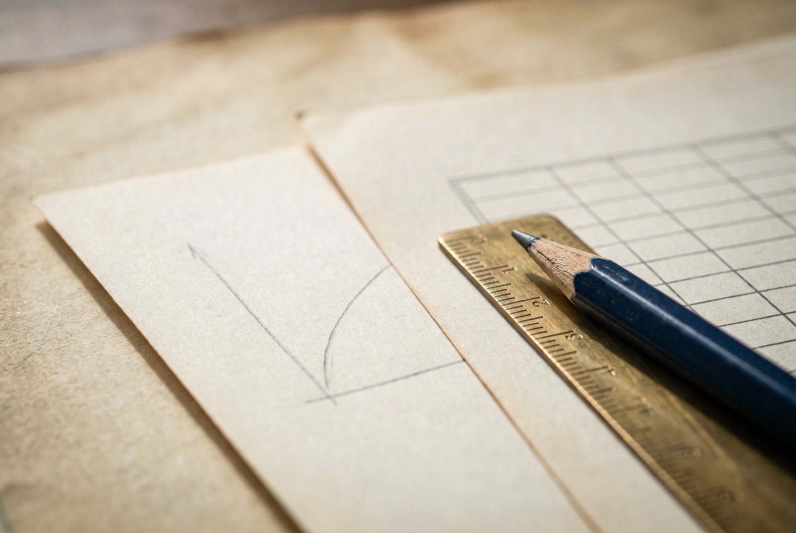 Two sheets of accounting paper with a brass ruler and navy pencil, showing a rising line and a ruled grid