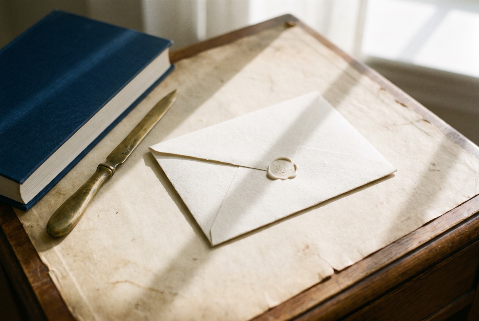 An unopened official envelope on a desk beside a navy book and a brass letter opener