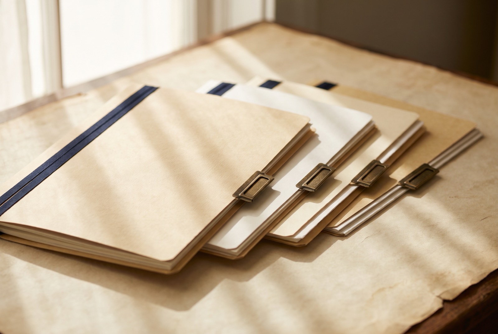 Four document folders fanned in a precise row with brass tabs