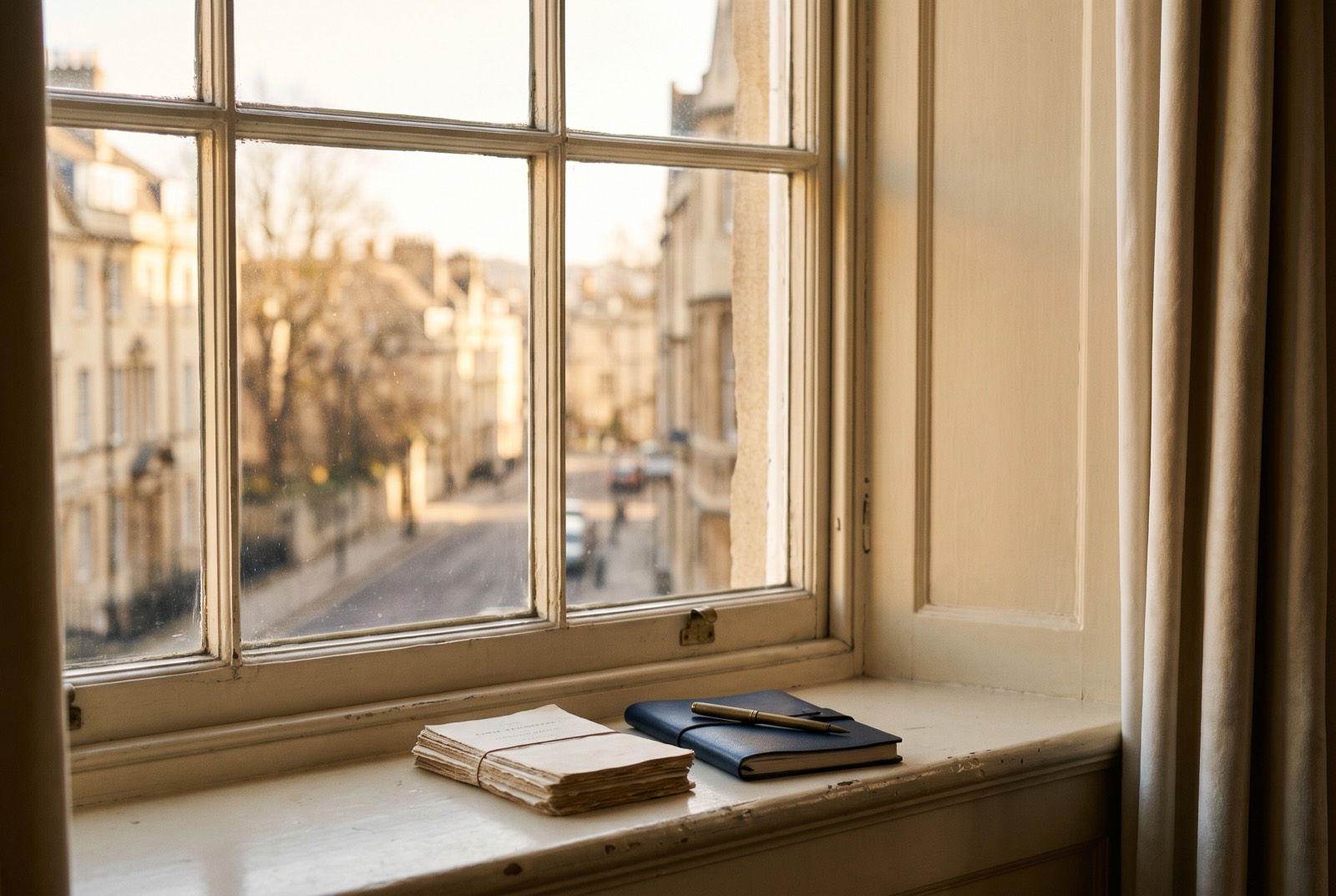 A calm study window looking out onto a British city street at golden hour