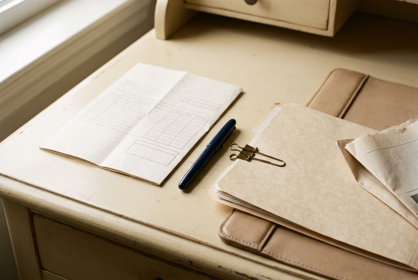 A US tax form, fountain pen and document folder on a cream desk