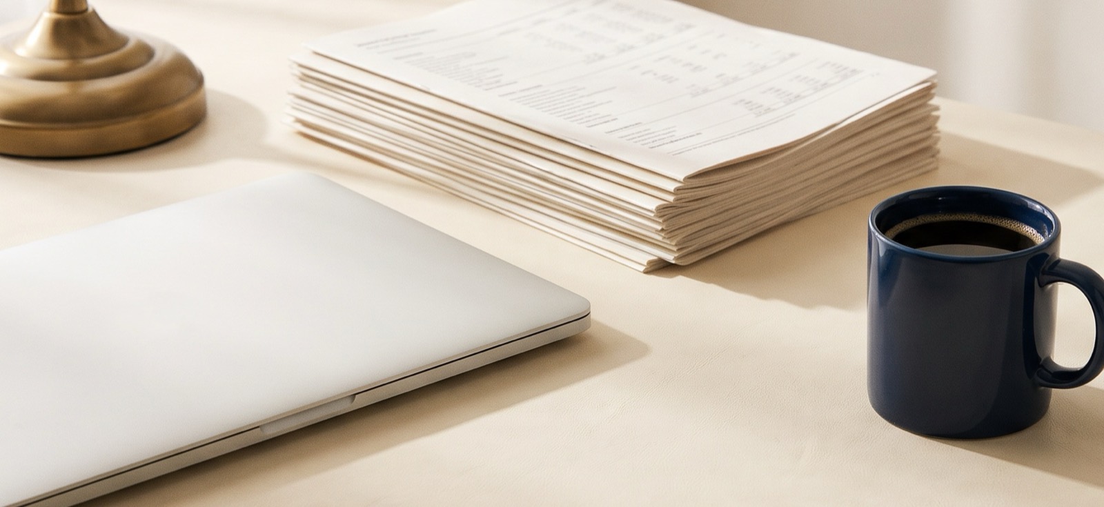 A specialist accountant's desk with a laptop, printed reports and a navy cup of coffee in morning light