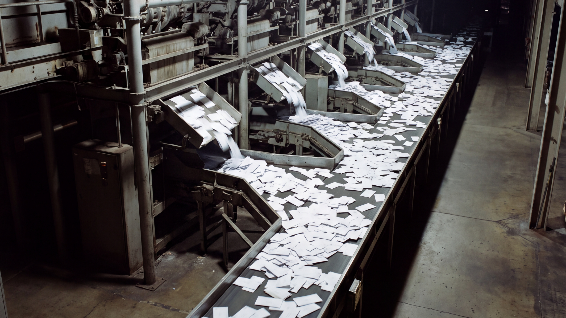 An industrial sorting machine pouring a stream of identical white envelopes onto conveyor belts in a dark hall