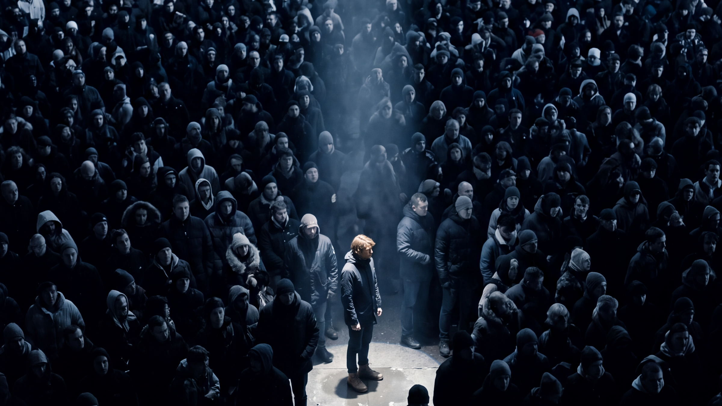 A single person lit by a narrow beam of light in a vast dark crowd, one crypto holder in 250 reporting to HMRC