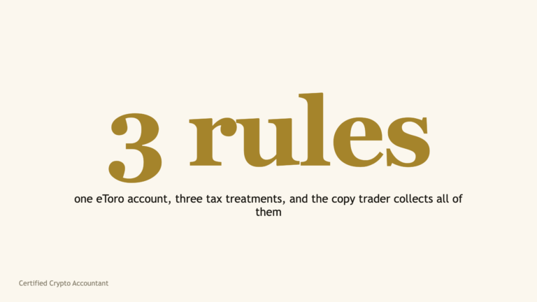 The words 3 rules in large serif type, the number of tax treatments that apply inside a single eToro account