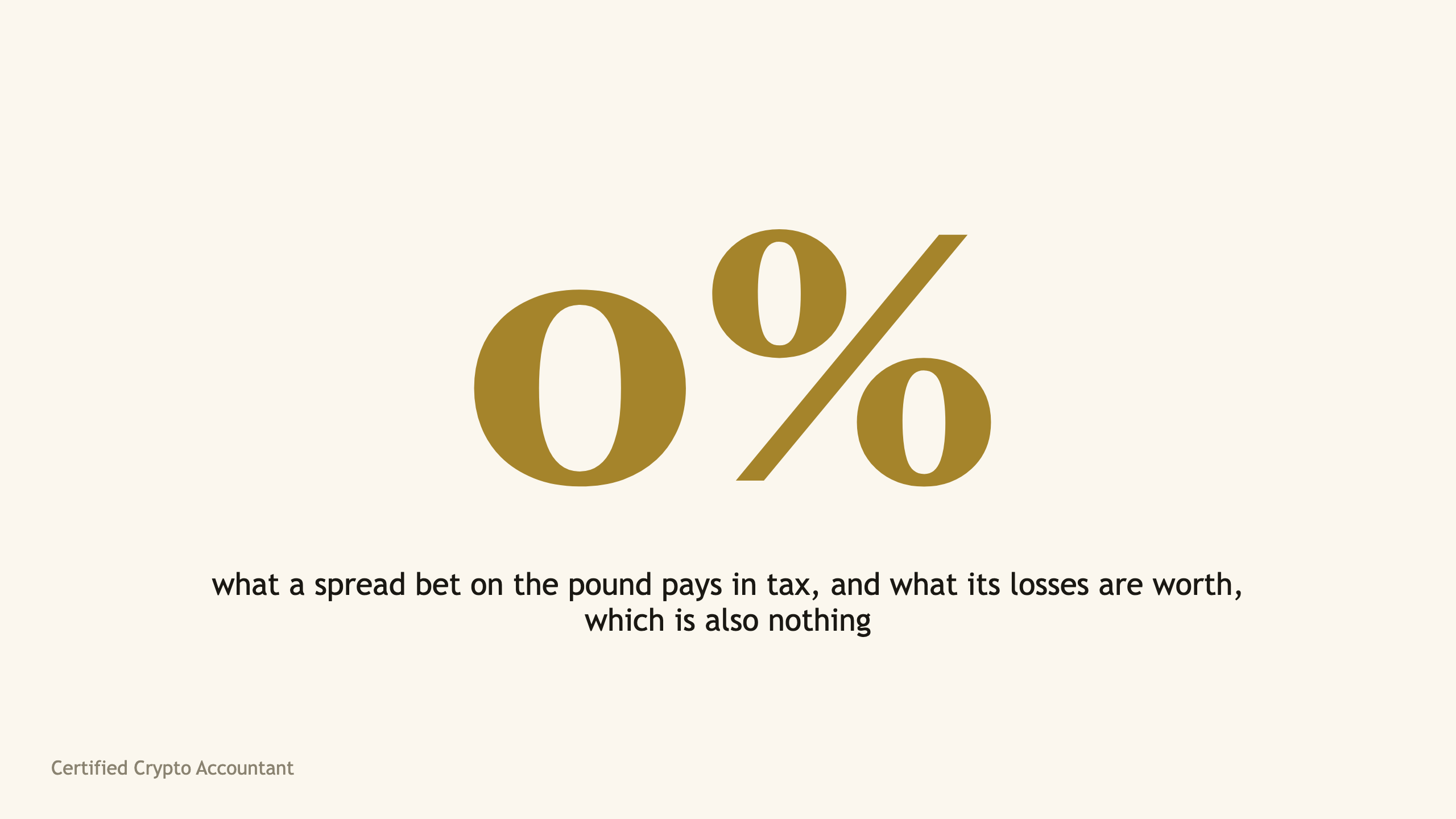 The figure 0% in large serif type, the tax on spread betting winnings in the UK
